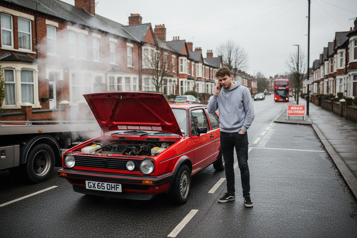 a young UK male standing next to his broken down Golf Gti 