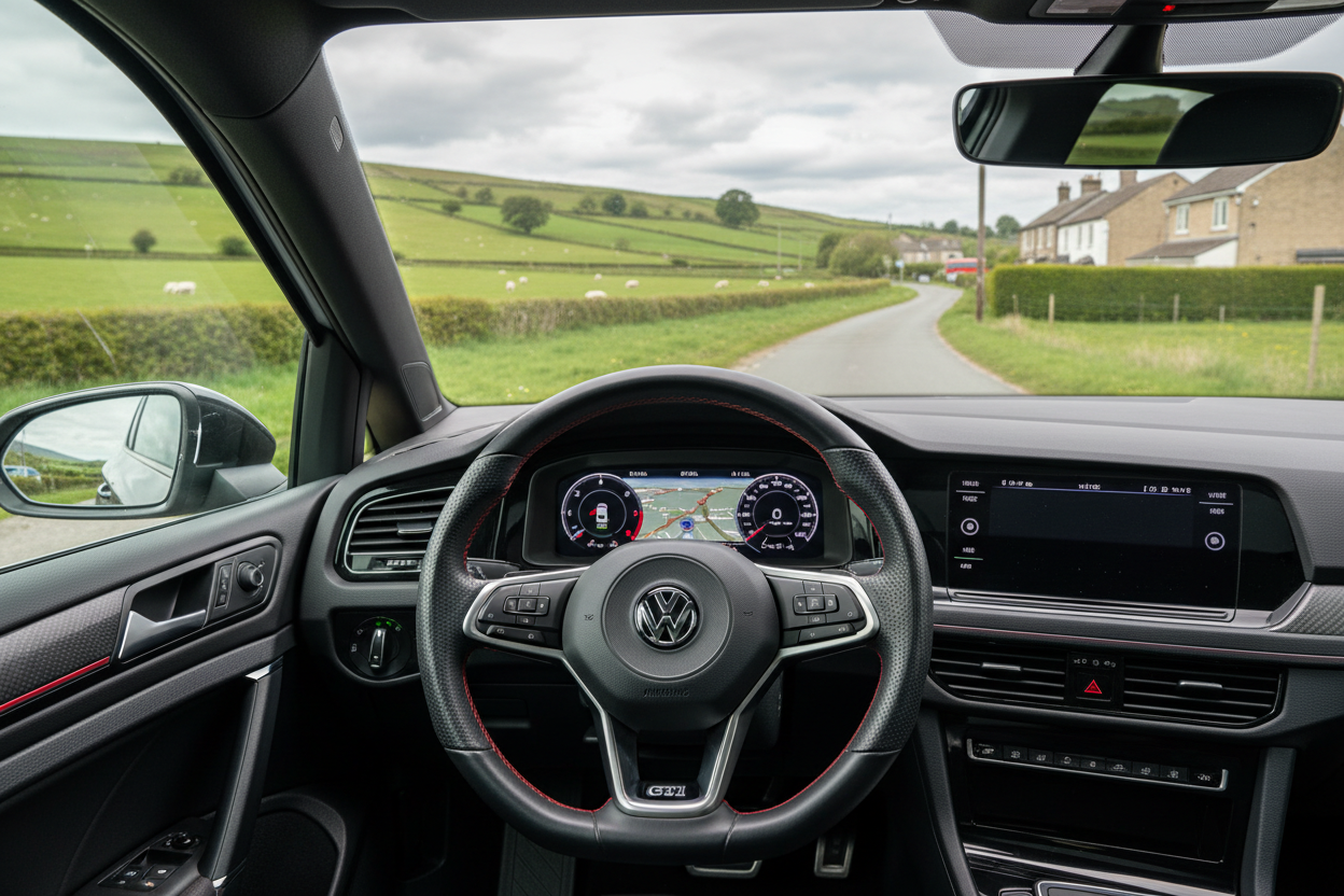 Modern Golf GTI dashboard with steering wheel in focus and looking out the dashboard into somewhere in the UK